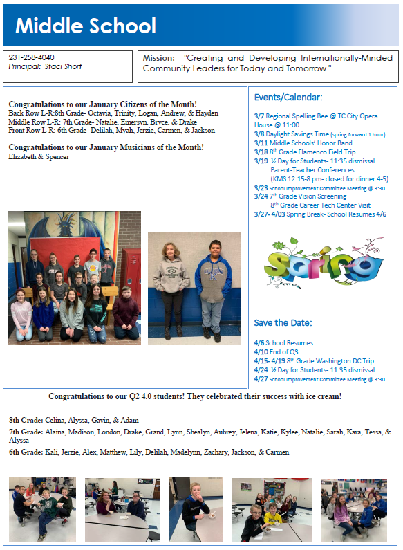 Kalkaska Public Schools - KMS March Blazer Bulletin Here.